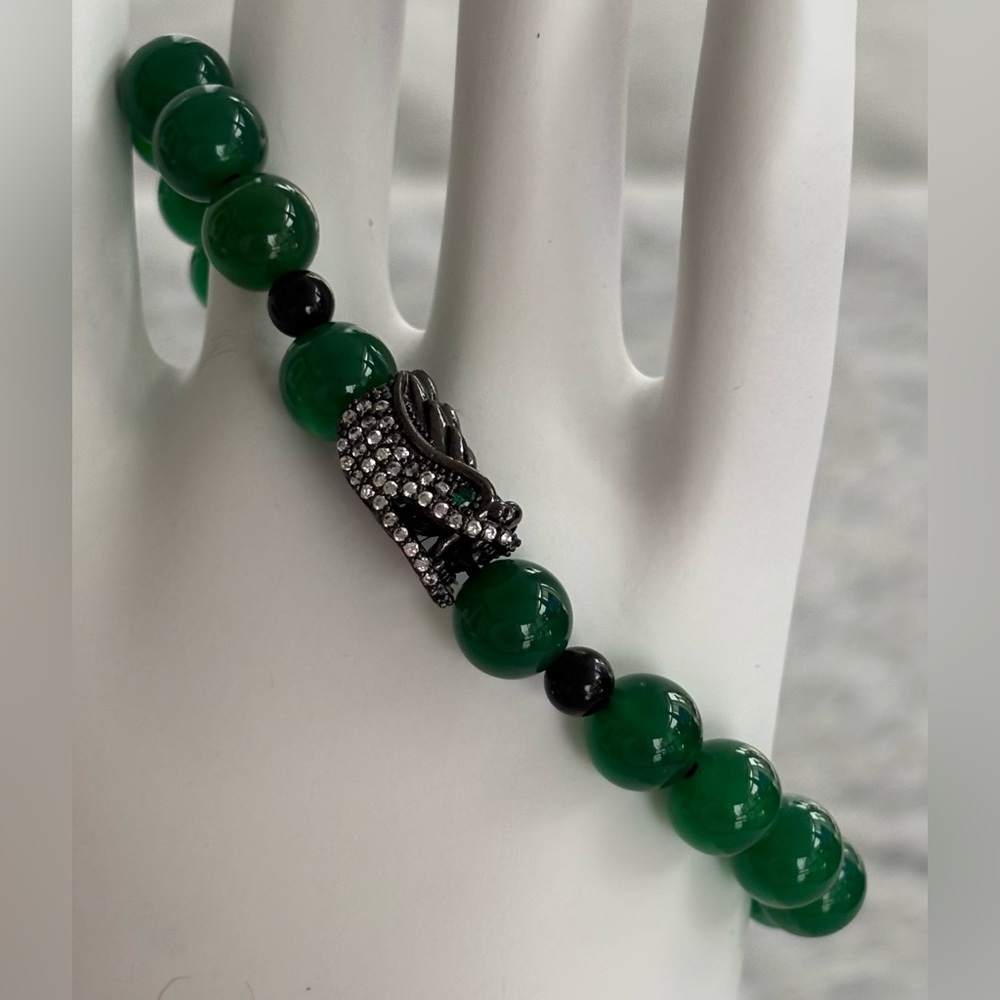 Green Agate Onyx with CZ Dragon Beaded Bracelet